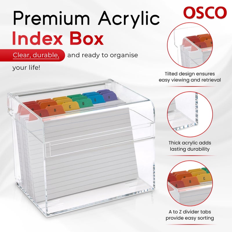 OSCO Clear Acrylic Index Box | Small | A to Z Divider Tabs | 100 Lined Note Sheets Included (5" X 3") | Ruled Revision Flash Cards | Recipe Notes | Contacts Filing | Fits 127 x 76 mm - Image 2